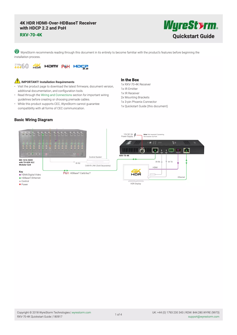 Page 1 de la notice Manuel utilisateur WyreStorm RXV-70-4K