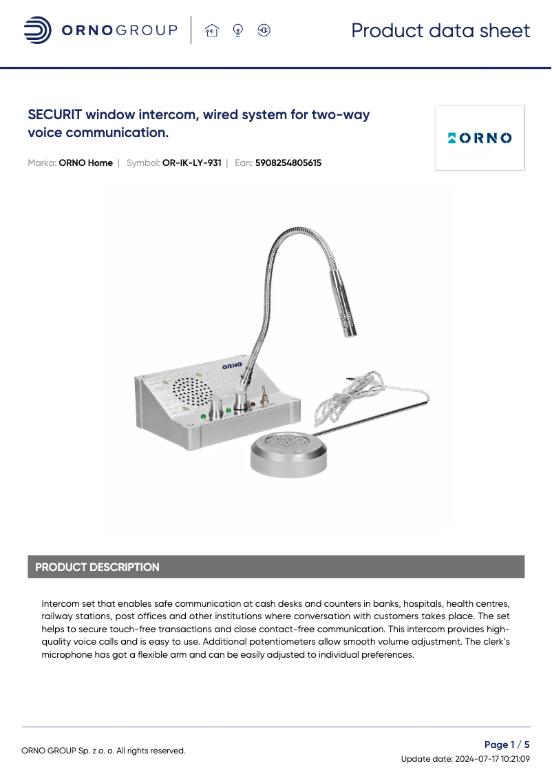 Page 1 de la notice Fiche technique ORNO OR-IK-LY-931