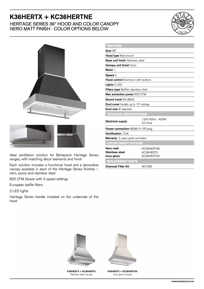 Page 1 de la notice Fiche technique Bertazzoni K36HERTX