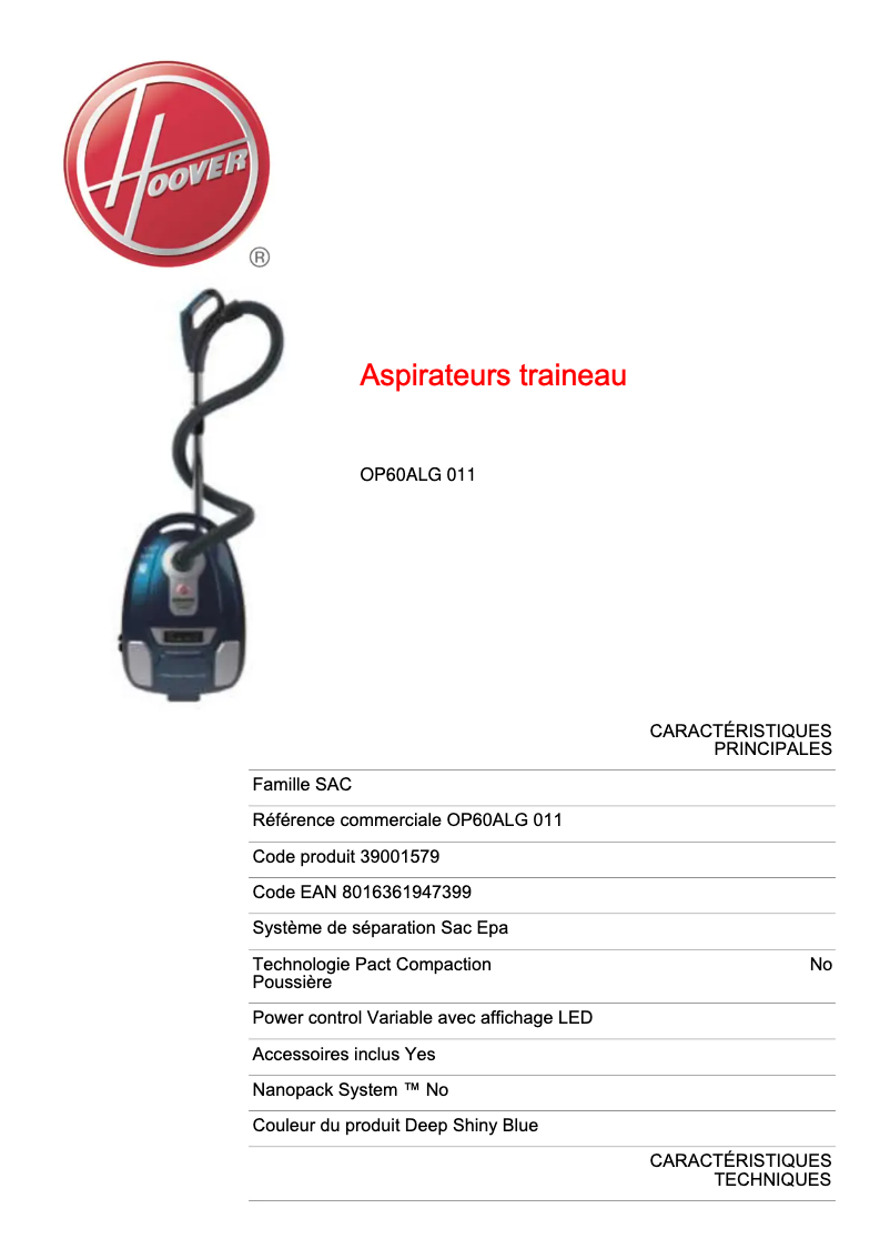 Page 1 de la notice Fiche technique Hoover OP60ALG 011