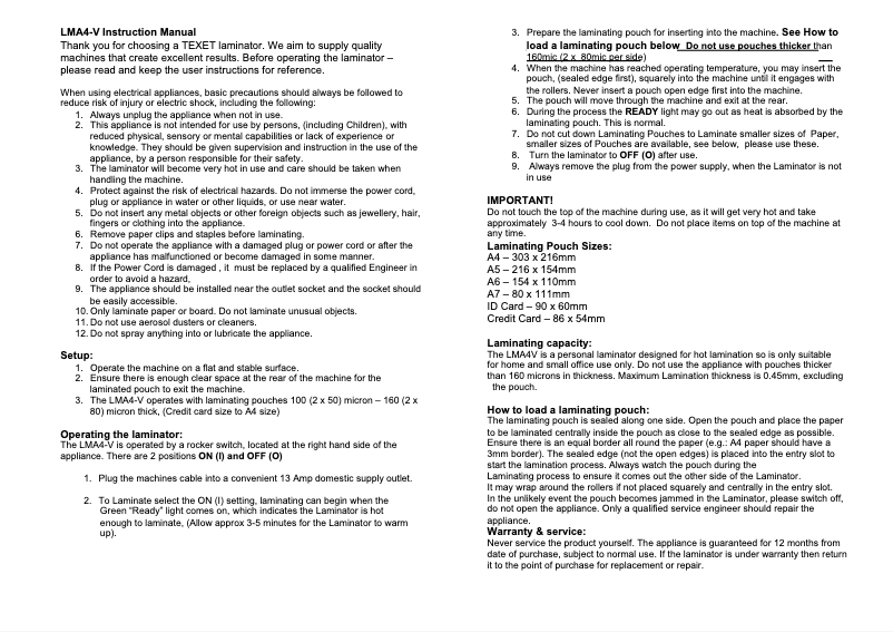 Page n°1 - Manuel utilisateur Texet LMA4V