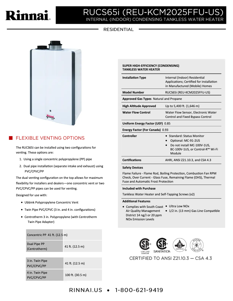 Page 1 de la notice Fiche technique Rinnai RUCS65iP