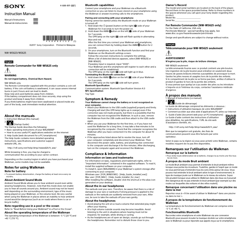Page 1 de la notice Manuel utilisateur Sony NW-WS623
