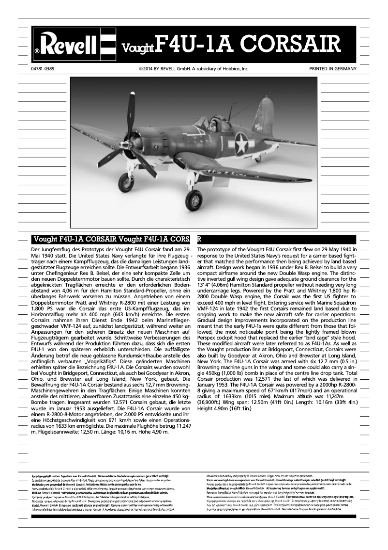 Page n°1 - Manuel utilisateur Revell Vought F4U-1A CORSAIR