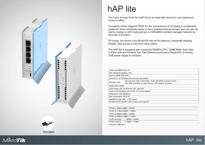 Page 1 de la notice Brochure Mikrotik hAP lite TC
