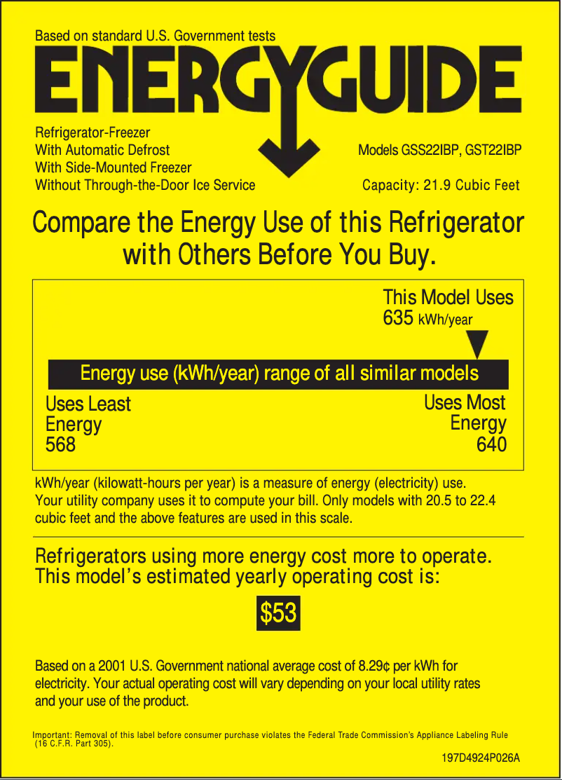 Page 1 de la notice Label énergétique GE GSS22IBPWW