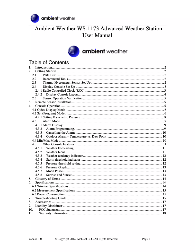 Page n°1 - Manuel utilisateur Ambient Weather WS-1173