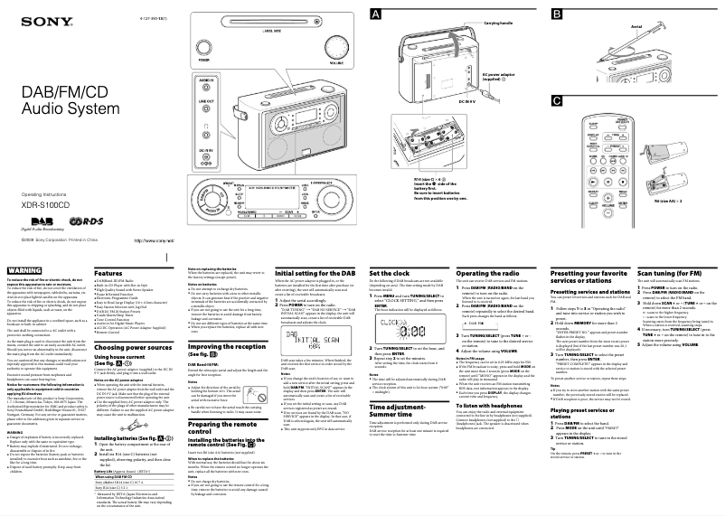 Page n°1 - Manuel utilisateur Sony XDR-S100CD