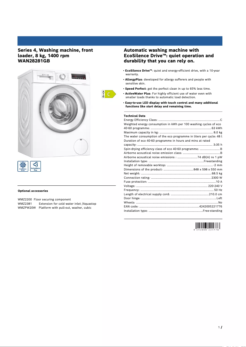 Image de la première page du manuel de l'appareil WAN28281GB