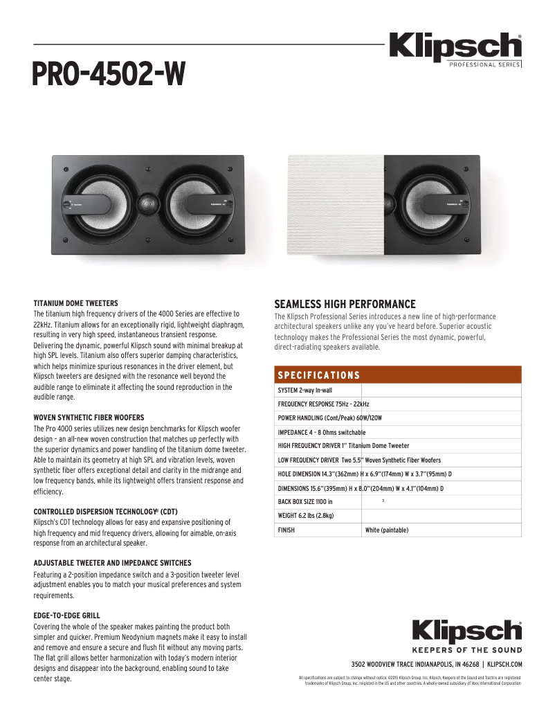 Page n°1 - Fiche technique Klipsch PRO-4502-W
