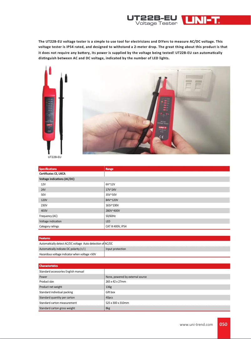 Page 1 de la notice Fiche technique Uni-T UT22B-EU