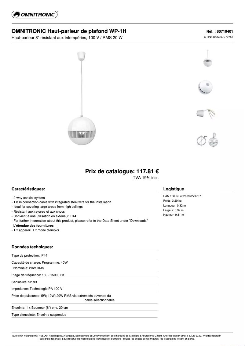Page 1 de la notice Fiche technique Omnitronic WP-1H