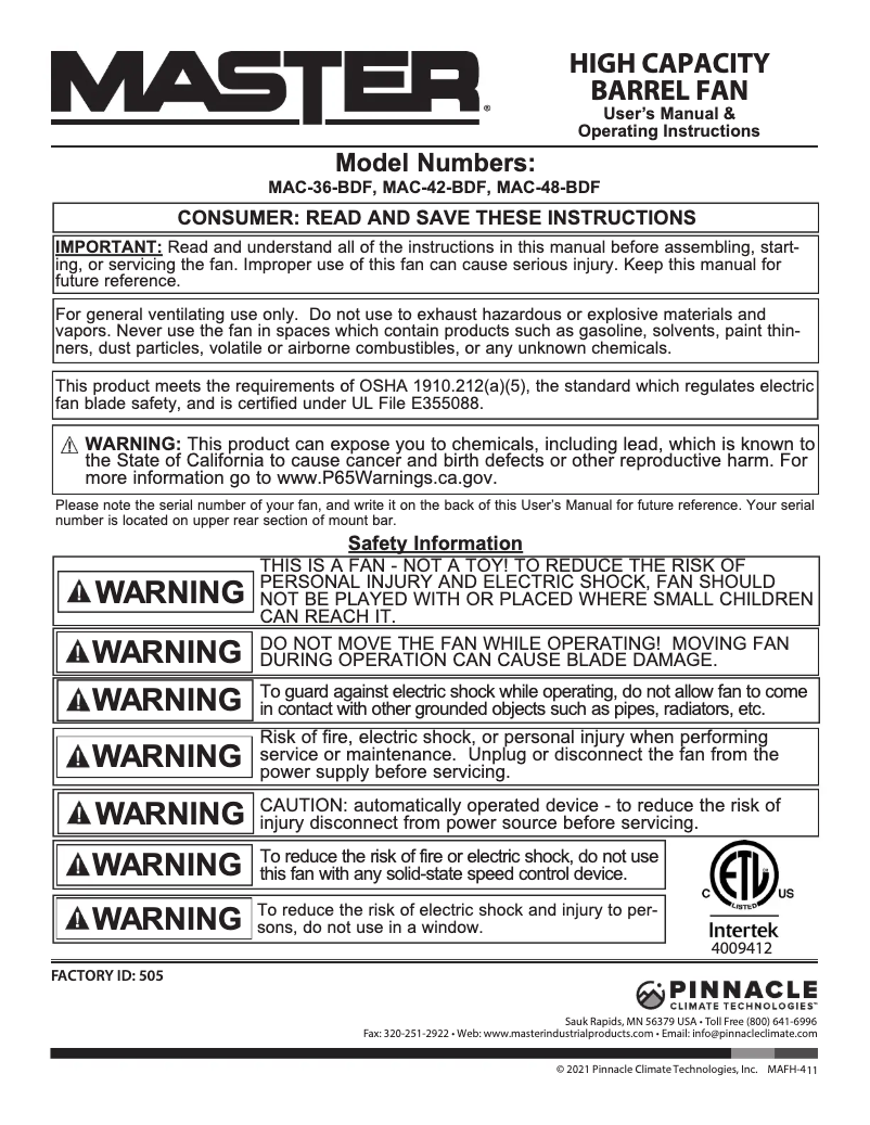 Página 1 del manual Manual de usuario Master MAC-36-BDF