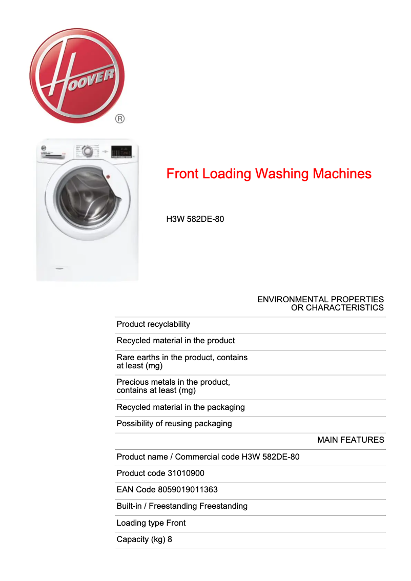 Page 1 de la notice Fiche technique Hoover H3W 582DE-80
