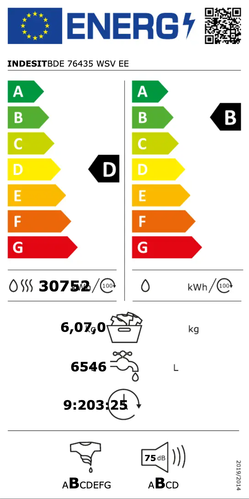 Page n°1 - Label énergétique Indesit BDE 76435 WSV EE