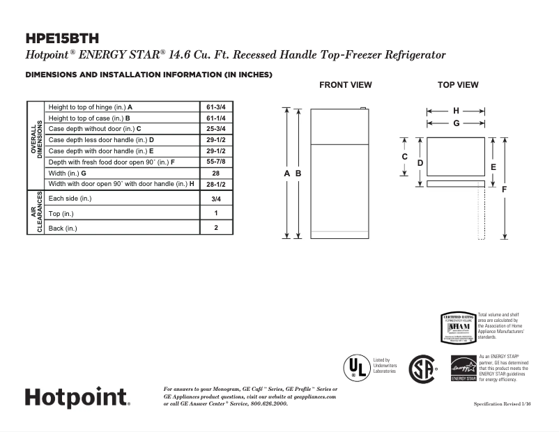Page 1 de la notice Fiche technique Hotpoint HPE15BTHWW