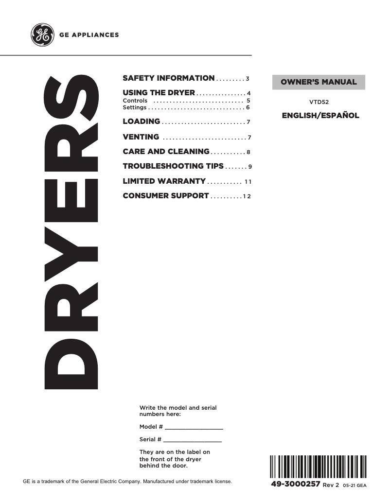 Page n°1 - Manuel d'utilisation et d'entretien GE VTD52EASRWB