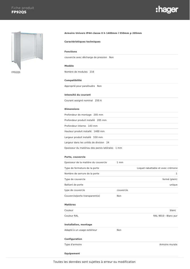 Page n°1 - Fiche technique Hager FP92QS