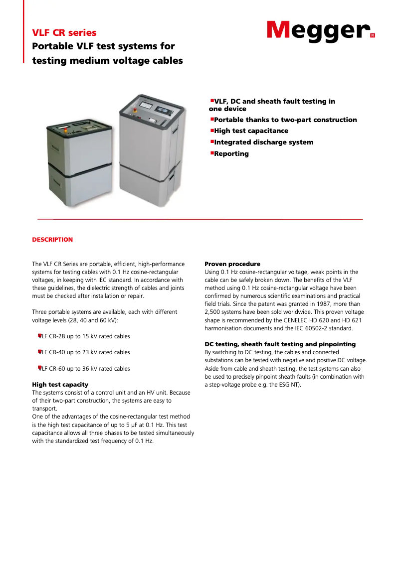 Page 1 de la notice Fiche technique Megger VLF CR-40
