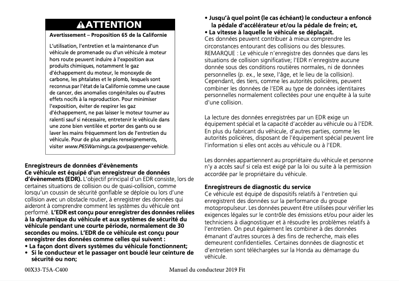 Page 1 de la notice Manuel utilisateur Honda Fit (2019)