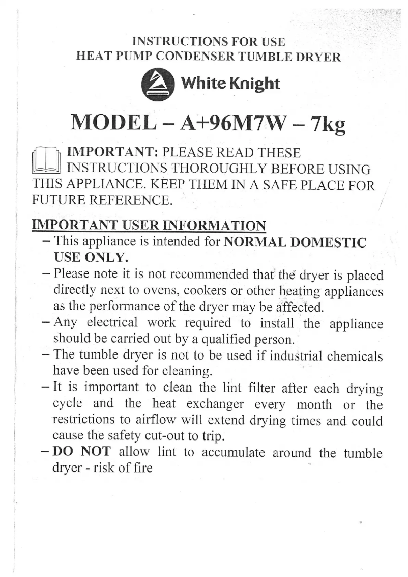 Page 1 de la notice Manuel utilisateur White Knight A Plus 96M7W