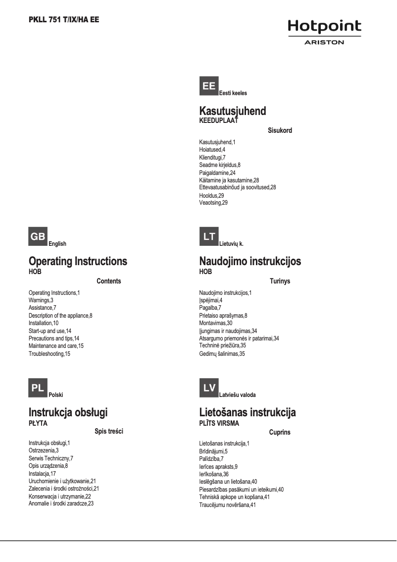 Page 1 de la notice Manuel utilisateur Hotpoint Ariston PKLL 751 T/IX/HA EE