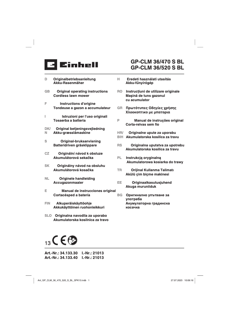 Page 1 de la notice Manuel utilisateur Einhell GP-CLM 36/520 S BL