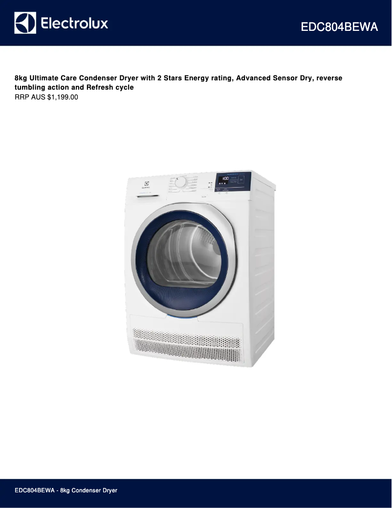 Page 1 de la notice Fiche technique Electrolux EDC804BEWA