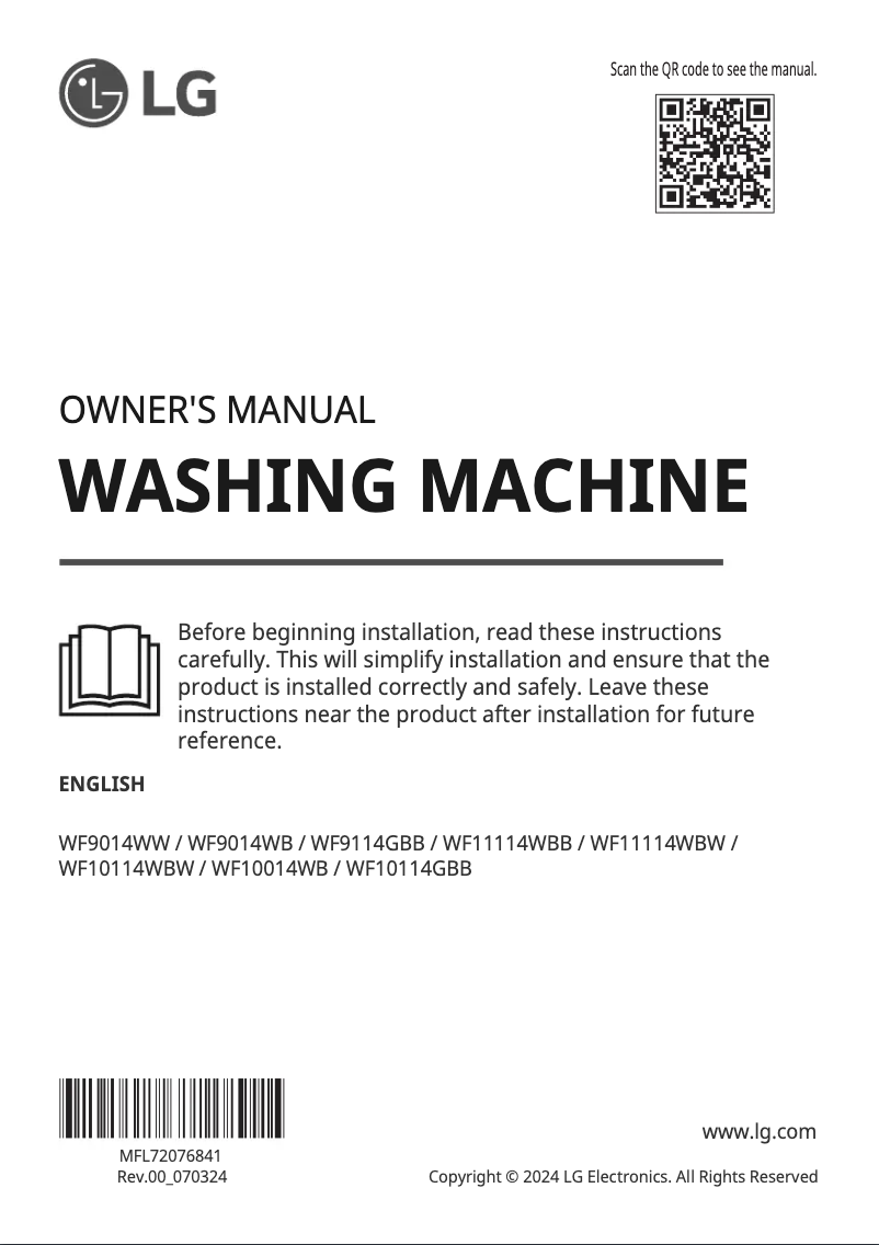 Page 1 de la notice Manuel utilisateur LG WF9014WW