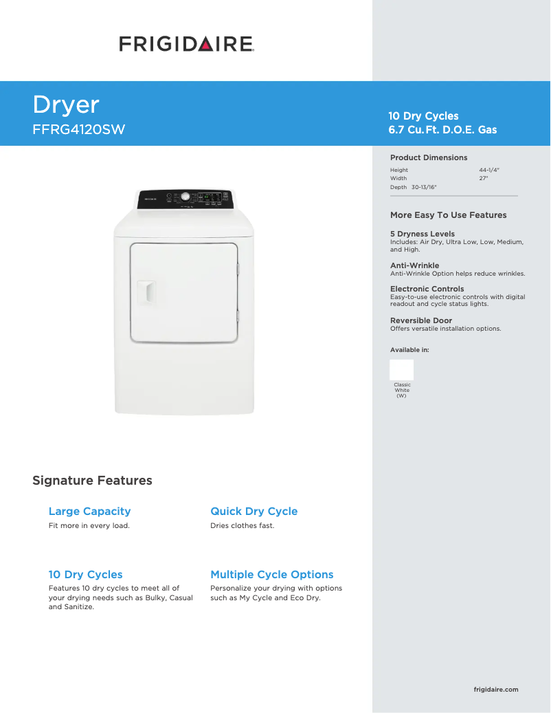 Page n°1 - Fiche technique Frigidaire FFRG4120S