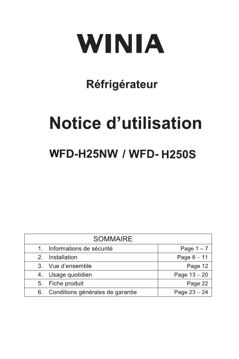 Page n°1 - Manuel utilisateur Winia WFD-H250S