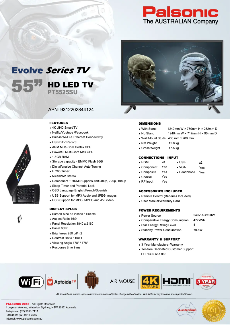 Página 1 del manual Ficha técnica Palsonic PT5525SU