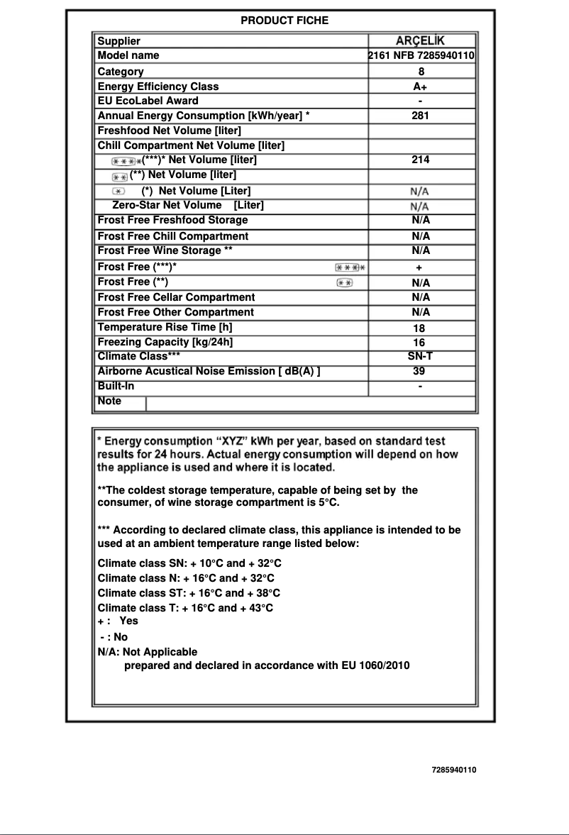 Page 1 de la notice Fiche technique Arçelik 2161 NFB
