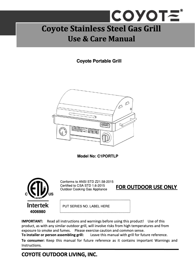Page 1 de la notice Manuel d'utilisation et d'entretien Coyote C1PORTLP