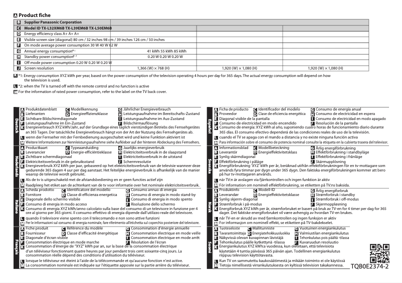Page 1 de la notice Fiche technique Panasonic Viera TX-L50EM6E
