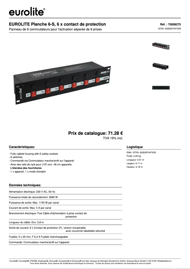 Page n°1 - Fiche technique Eurolite Board 6-S