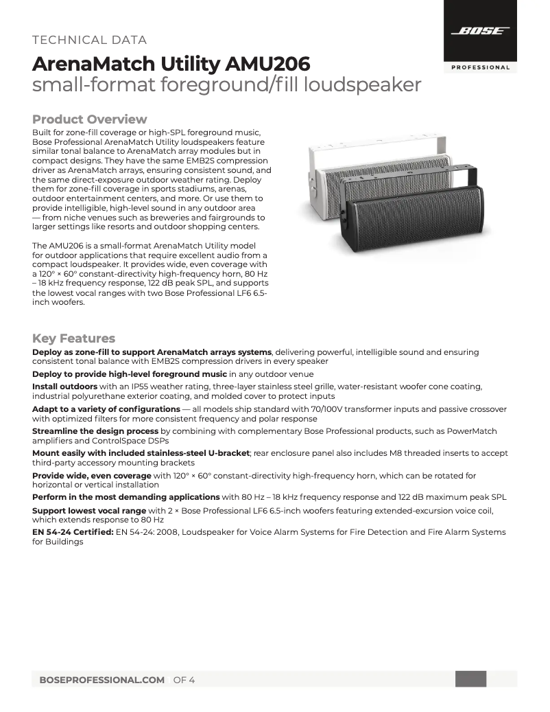 Page 1 de la notice Fiche technique Bose ArenaMatch Utility AMU206