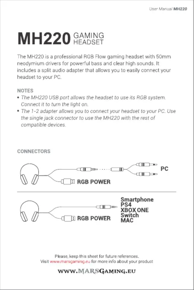 Page 1 de la notice Manuel utilisateur Mars Gaming MH220