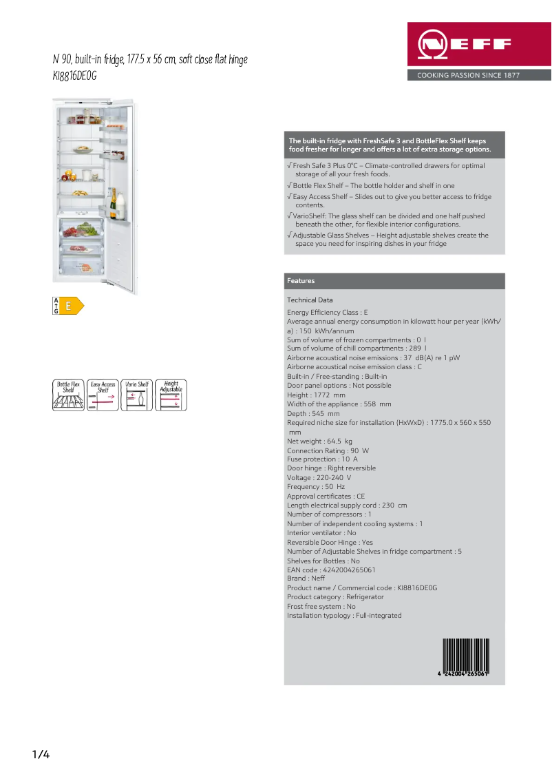 Page 1 de la notice Fiche technique Neff KI8816DE0G