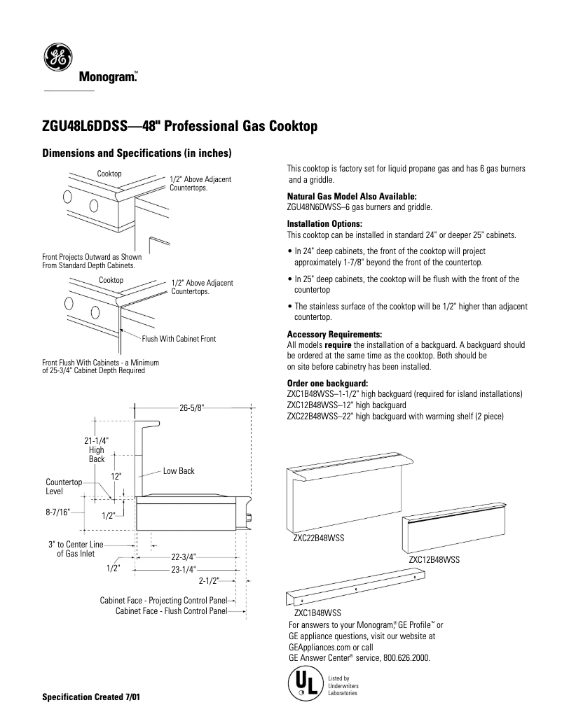 Page 1 of the manual Technical Sheet GE ZGU48L6DDSS