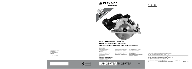 Page 1 de la notice Manuel utilisateur Parkside PHKSAP 20-Li A1