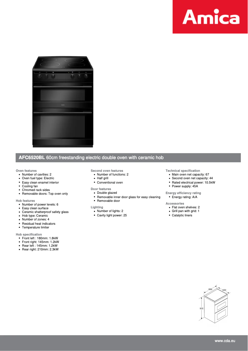 Page n°1 - Fiche technique Amica AFC6520BL