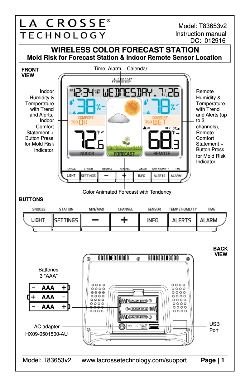 Page n°1 - Manuel utilisateur La Crosse Technology T83653V2