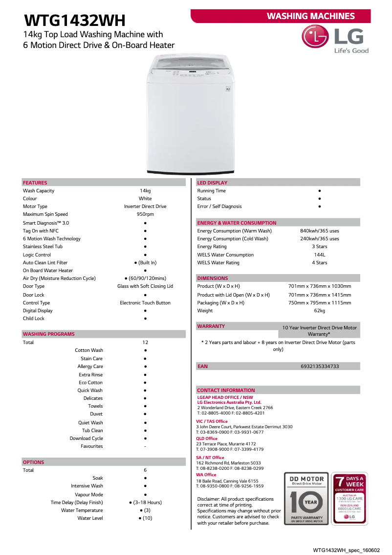 Page 1 de la notice Fiche technique LG WTG1432WH