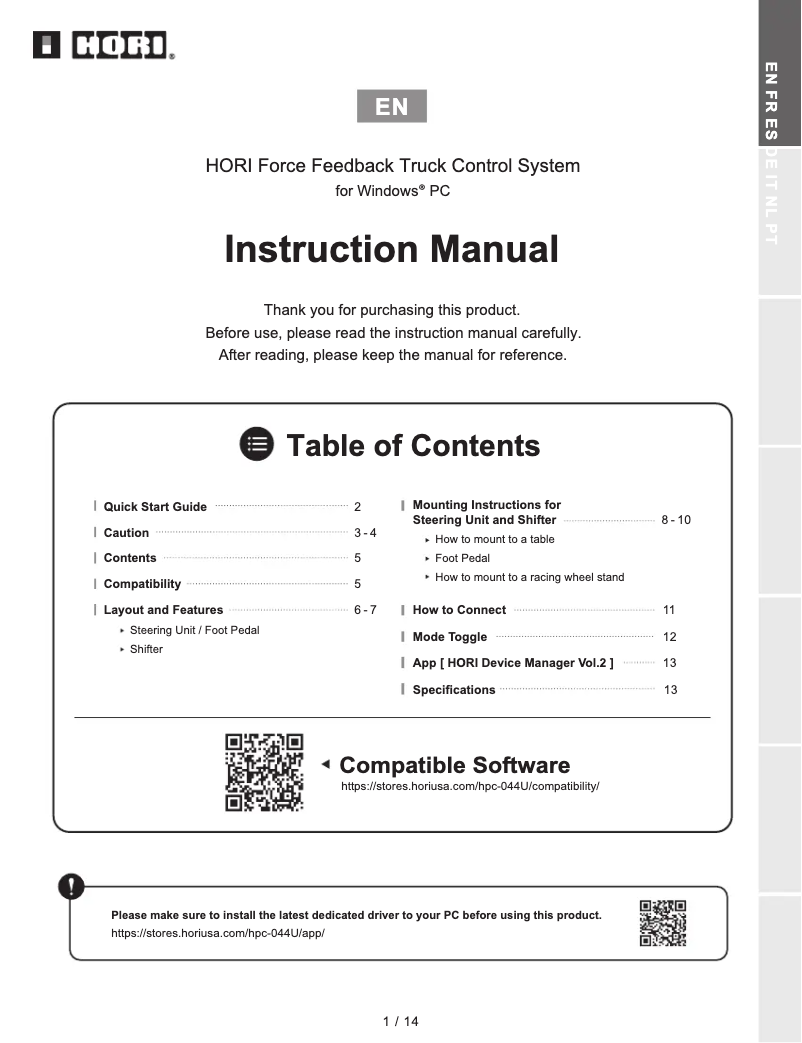 Page 1 de la notice Manuel utilisateur Hori Force Feedback Truck Control System