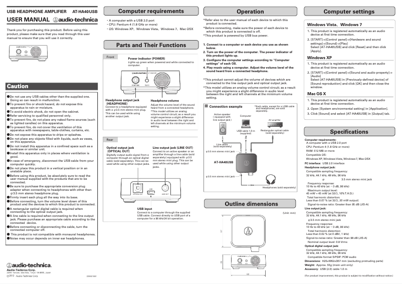 Page 1 de la notice Manuel utilisateur Audio-Technica AT-HA40USB