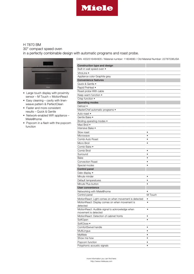Page n°1 - Fiche technique Miele H 7870 BM