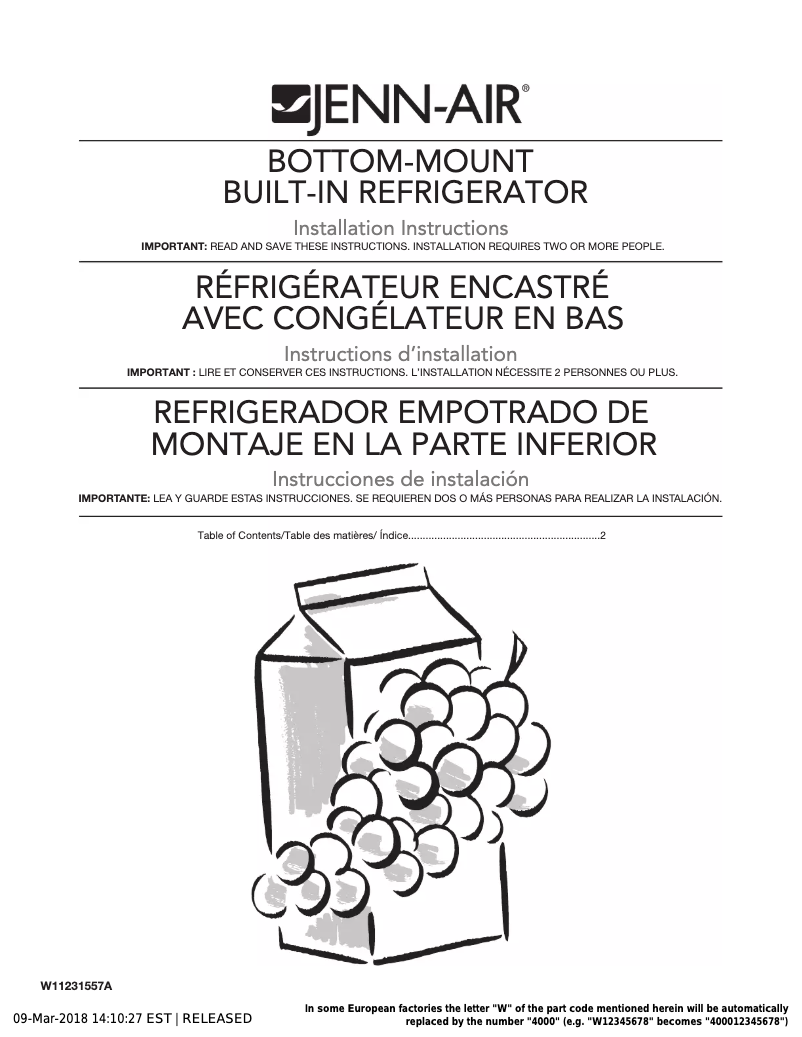 Page 1 de la notice Guide d'installation JennAir JBBFX24NHX