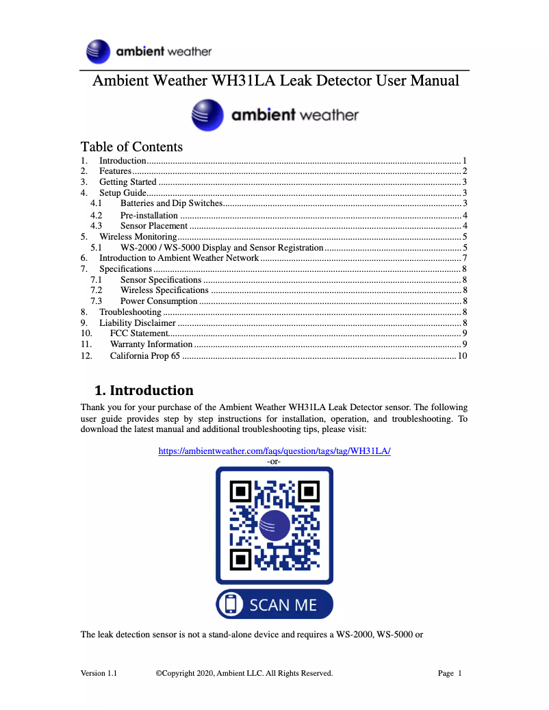 Page n°1 - Manuel utilisateur Ambient Weather WH31LA