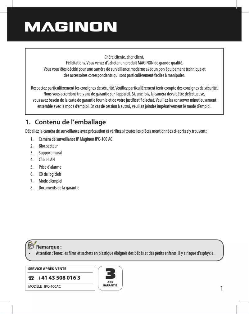 Page 1 de la notice Manuel utilisateur Maginon IPC-100 AC